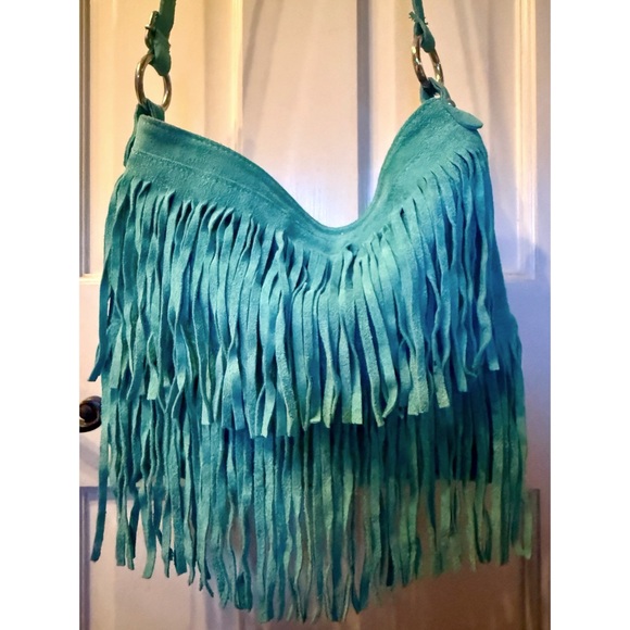 NEW LIATALIA ITALIAN SUEDE LEATHER BOHO TURQUOISE FRINGE CROSSBODY PURSE HANDBAG - Picture 5 of 14